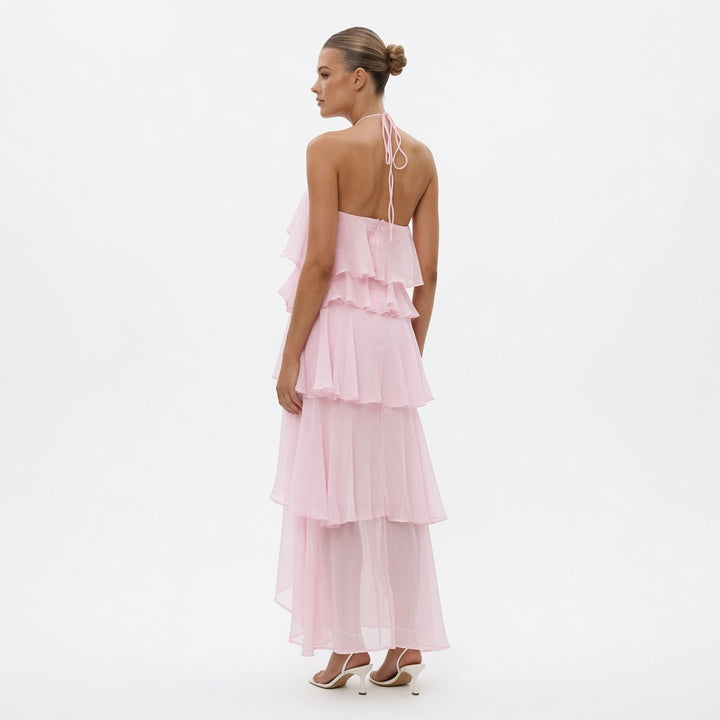 The Elara Cascading Ruffle Halter Dress
