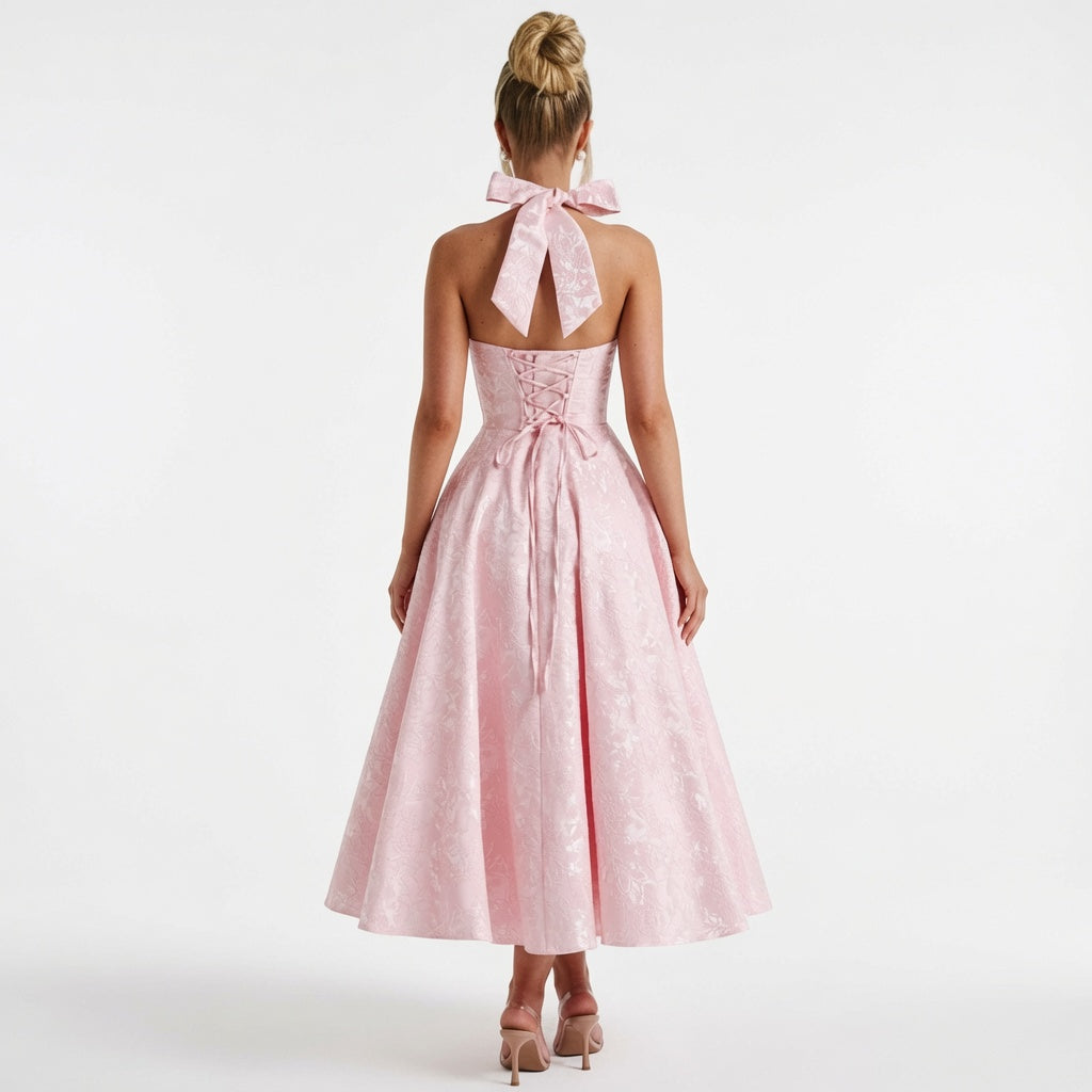 The Elara Romantic Jacquard Halter Dress