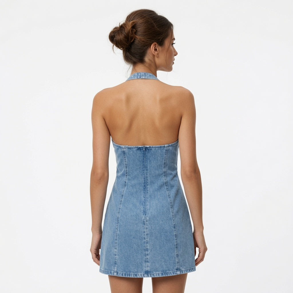The Elara Lace Trim Halter Denim Mini Dress