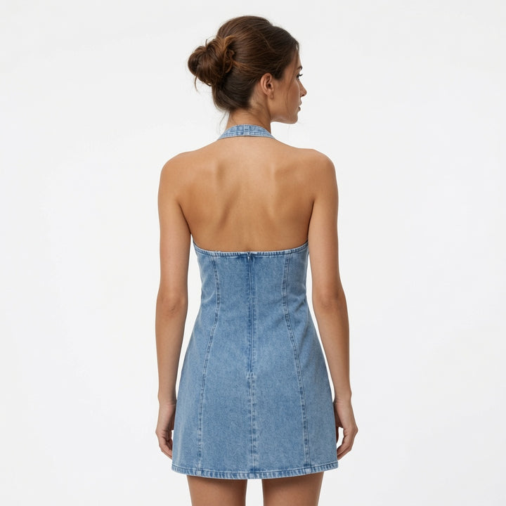 The Elara Lace Trim Halter Denim Mini Dress