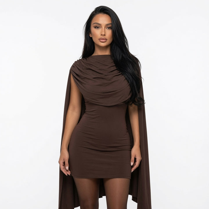 The Elara Pleated Cape-Overlay Mini Dress