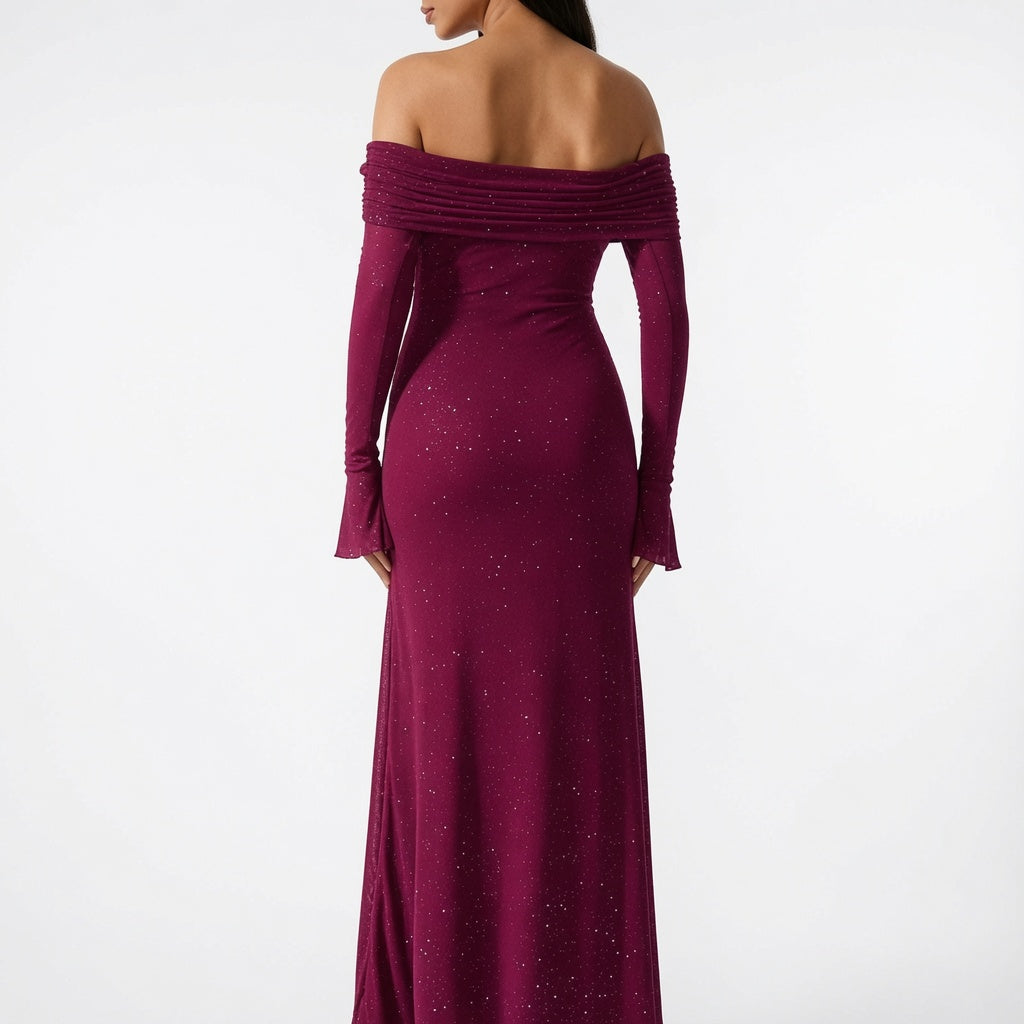 The Elara Stardust Off Shoulder Ruched Maxi Dress