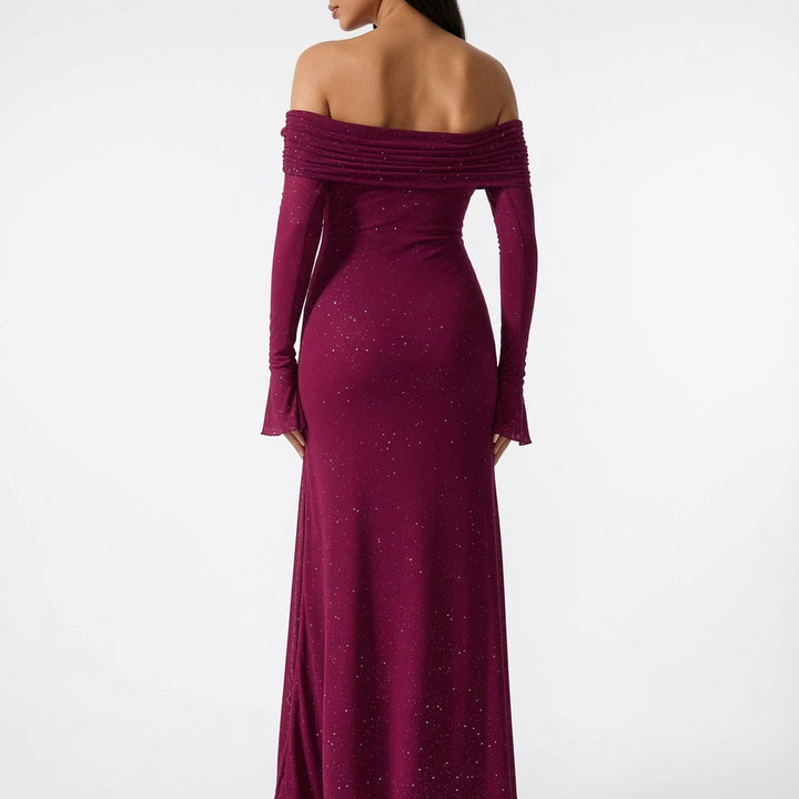 The Elara Stardust Off Shoulder Ruched Maxi Dress