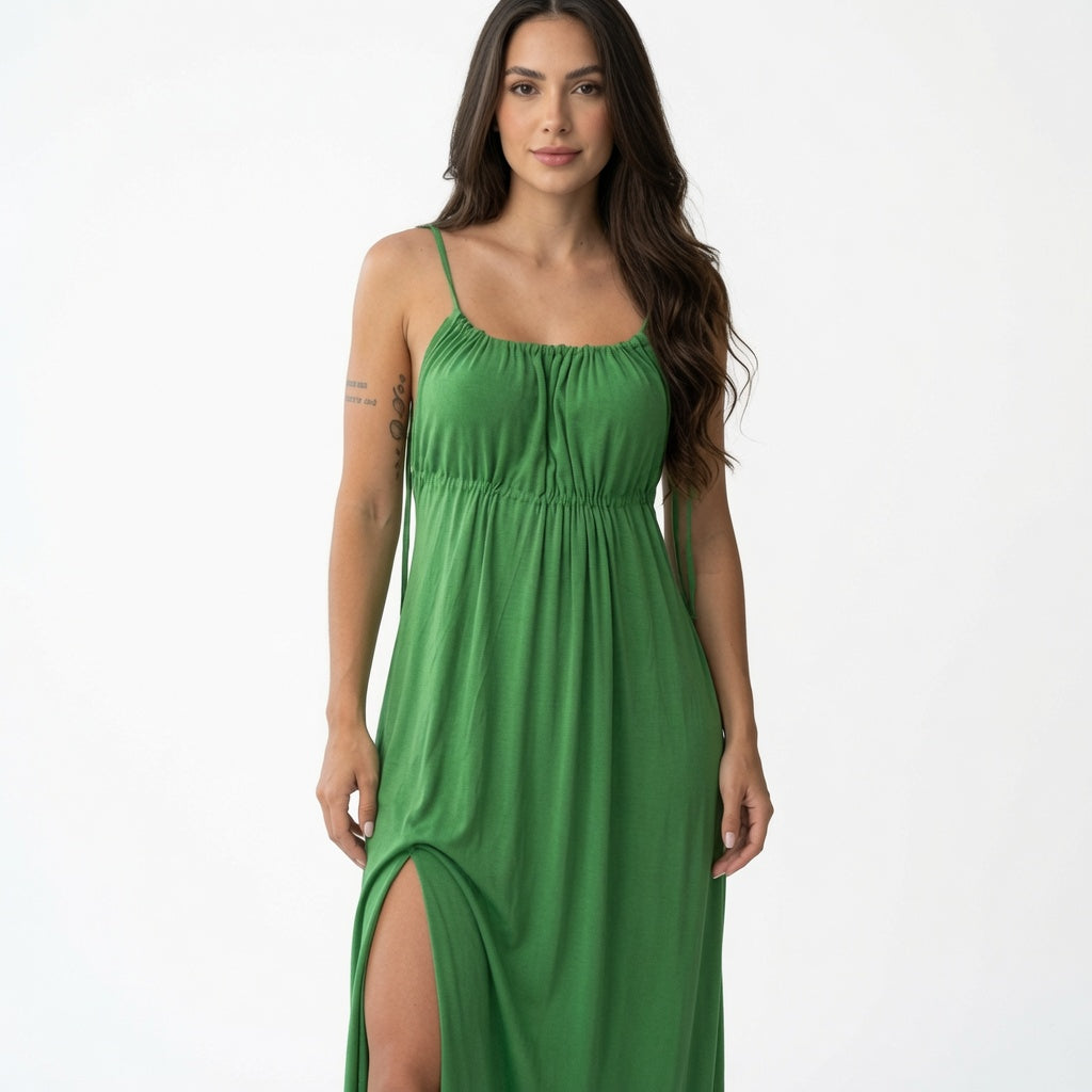 The Elara Ruched Tie Back Maxi Dress