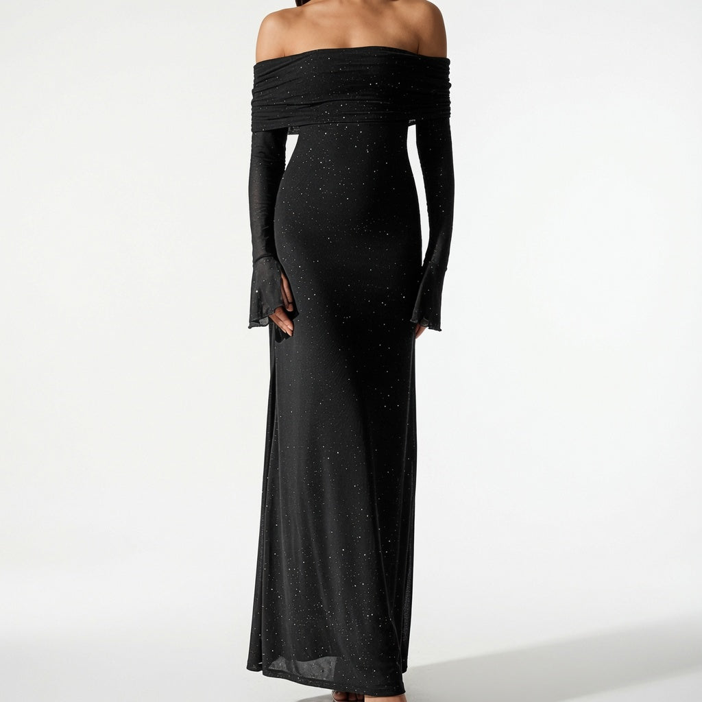 The Elara Stardust Off Shoulder Ruched Maxi Dress