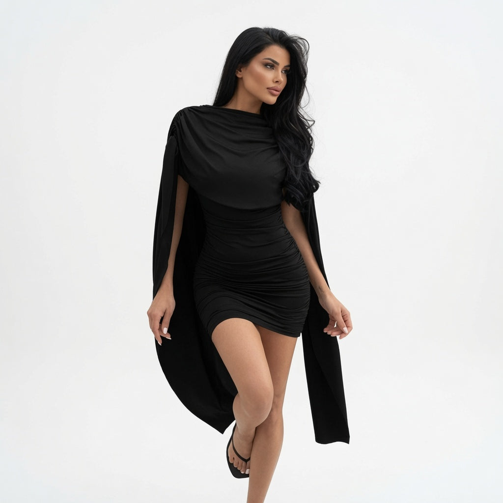 The Elara Pleated Cape-Overlay Mini Dress