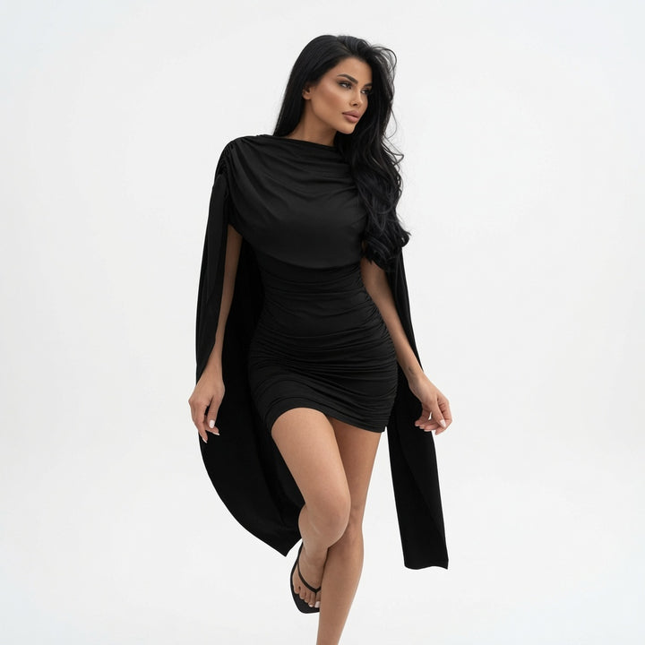 The Elara Pleated Cape-Overlay Mini Dress