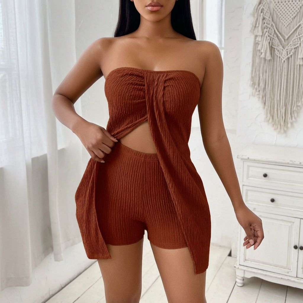 The Elara Textured Twist Front Cutout Top and Shorts Set