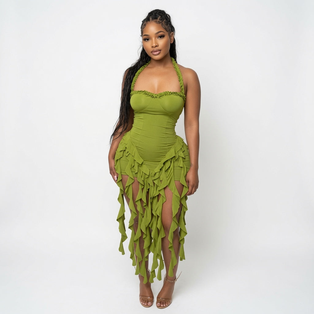 The Elara Fringed Halter Bodycon Mini