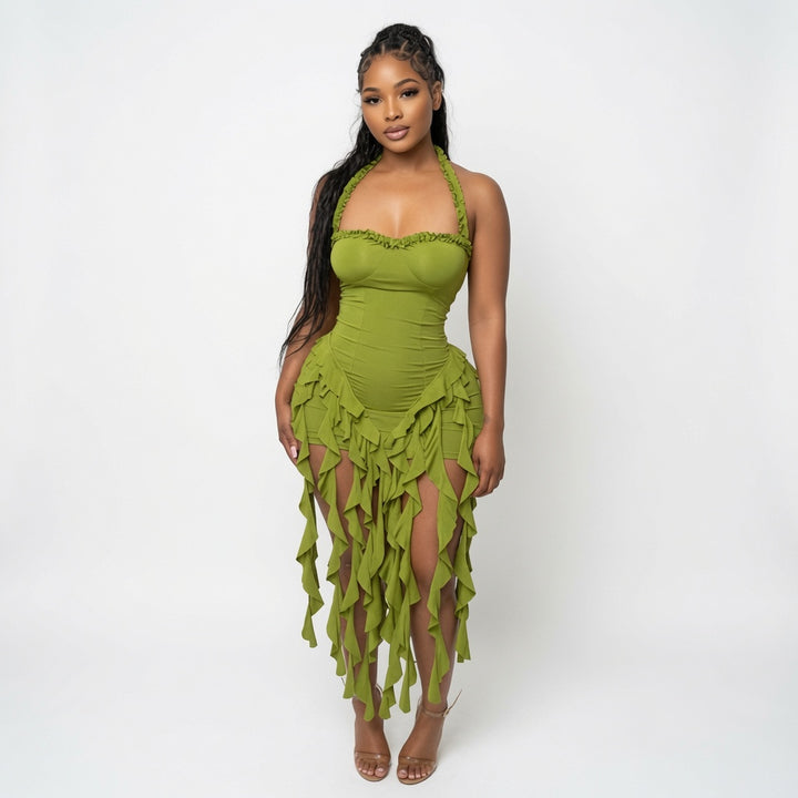 The Elara Fringed Halter Bodycon Mini