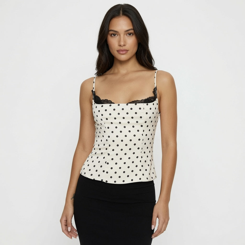 The Elara Polka-Dot Lace Illusion Cami Top
