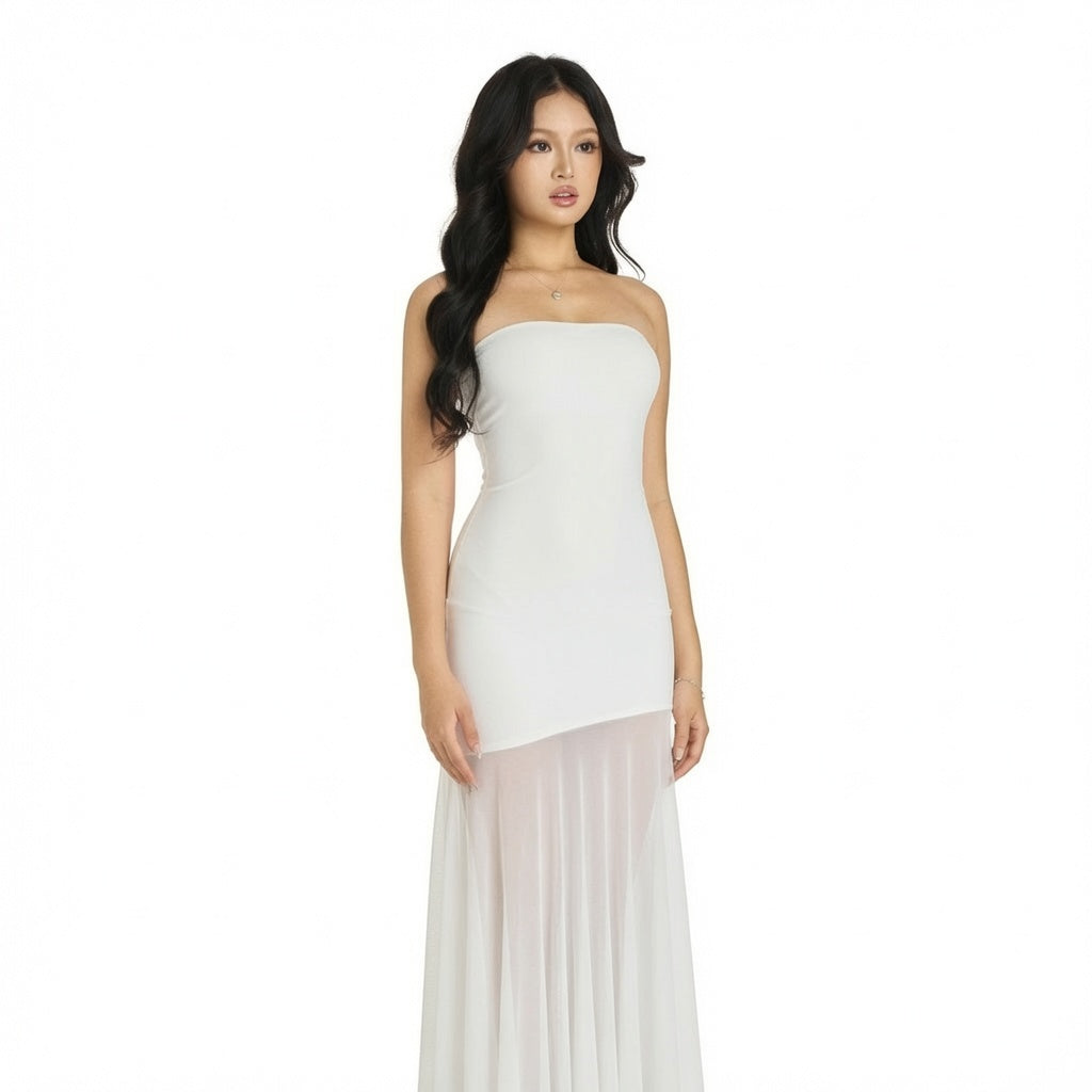 The Elara Sheer-Paneled Tube Maxi Dress