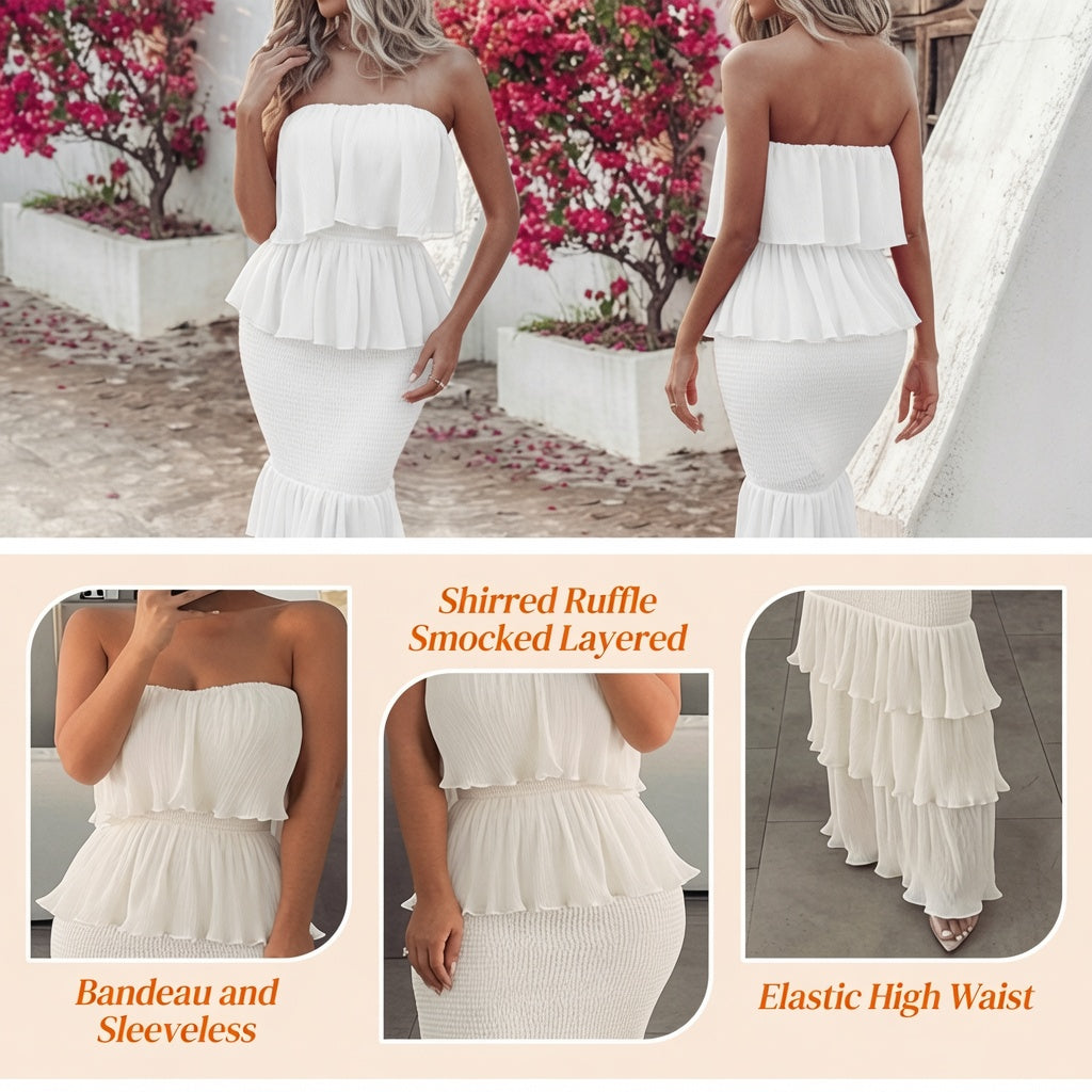 The Elara Curve-Friendly Bandeau Tiered Ruffle Dress
