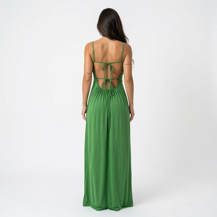 The Elara Ruched Tie Back Maxi Dress