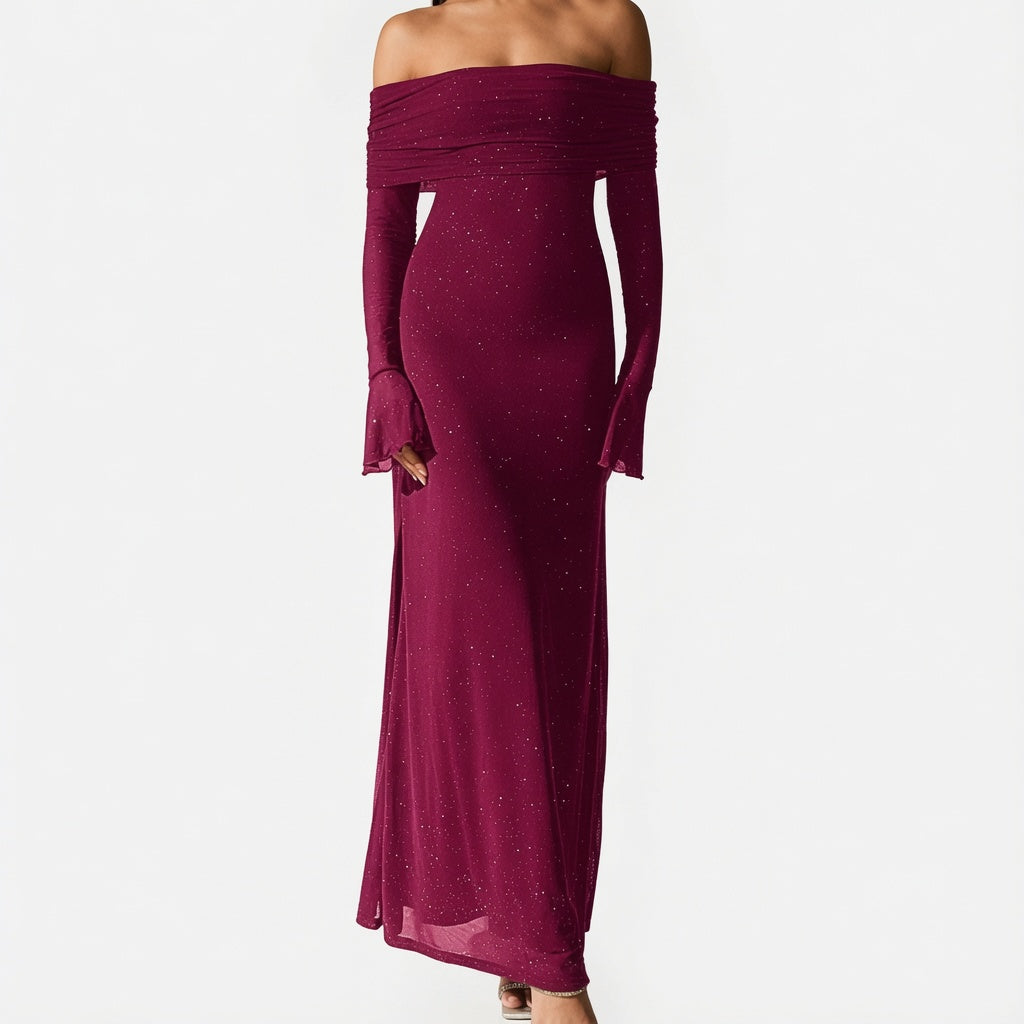 The Elara Stardust Off Shoulder Ruched Maxi Dress