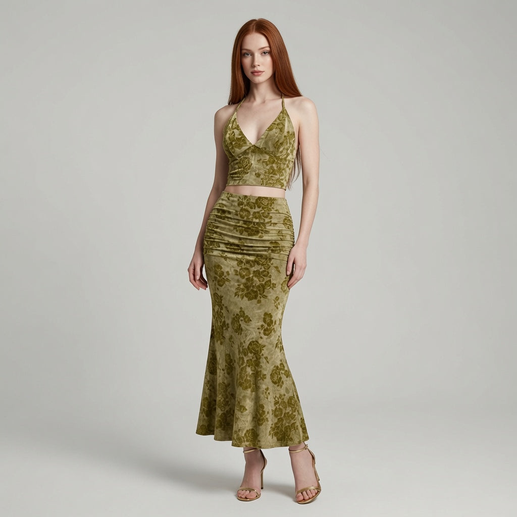 The Elara Floral Halter Deep V Ruched Fishtail Set