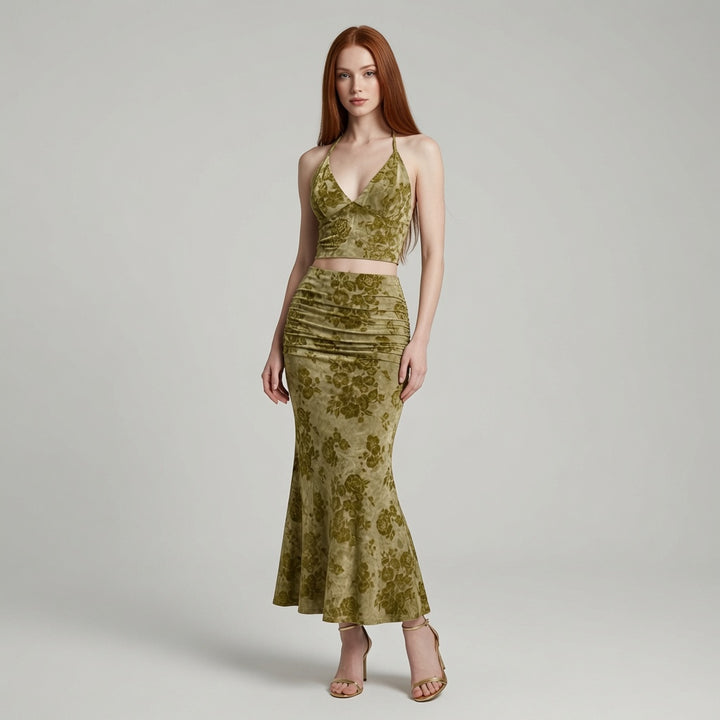 The Elara Floral Halter Deep V Ruched Fishtail Set