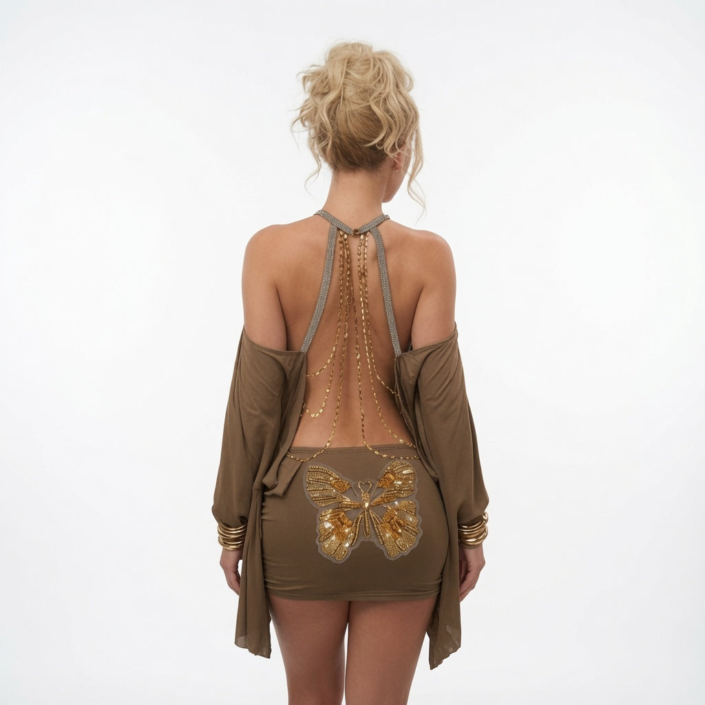The Elara Butterfly Chain Backless Mini Dress