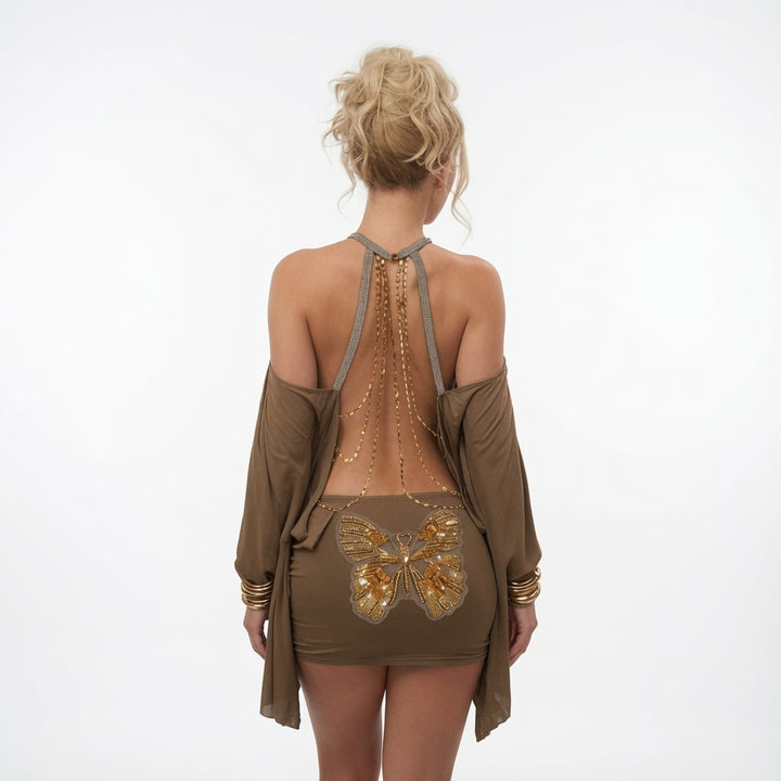 The Elara Butterfly Chain Backless Mini Dress