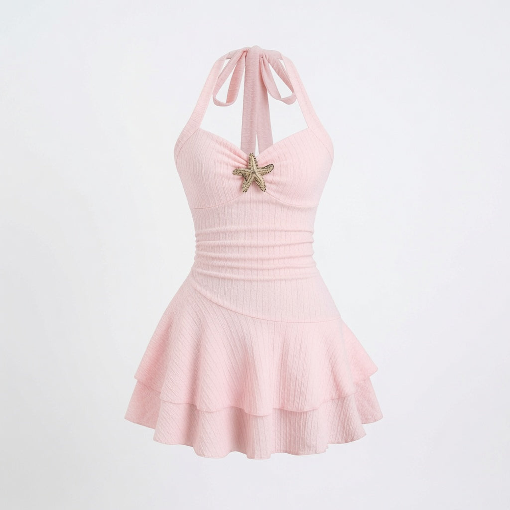 The Elara Starfish Halter Ruffle Ribbed  Mini