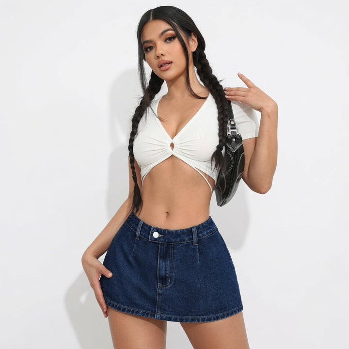 The Elara Y2K A-Line Stretch Denim Button Skirt