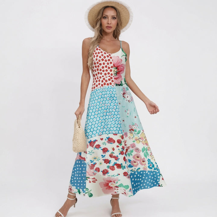 The Elara Bohemian Patchwork Open Back Tie Maxi Dress