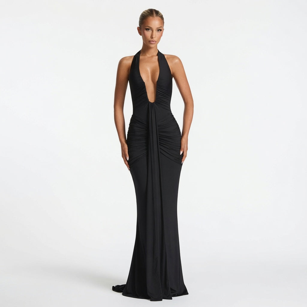 The Elara Plunging Ruched Mermaid Dress