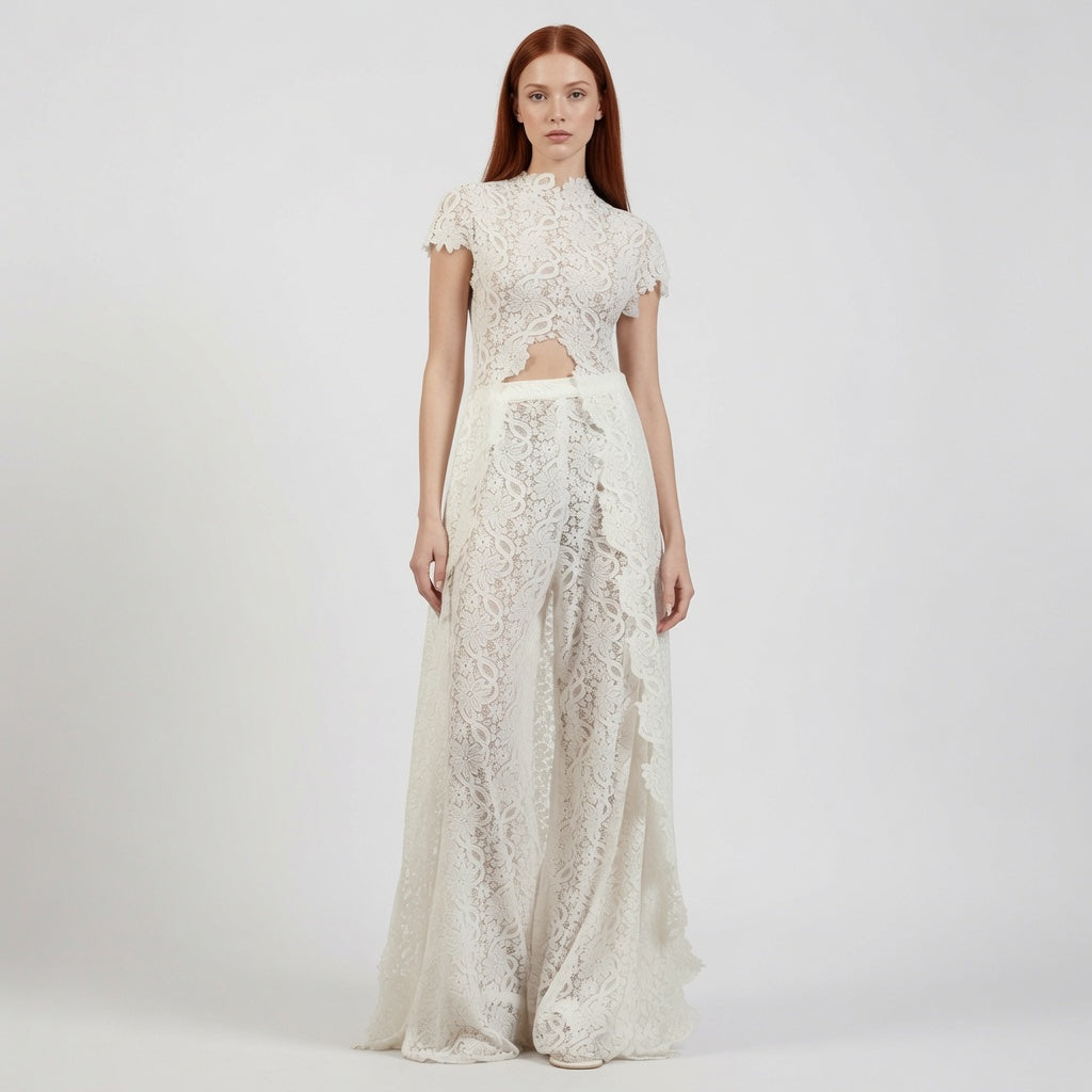 The Elara High Neck Lace Cutout Flowy Set