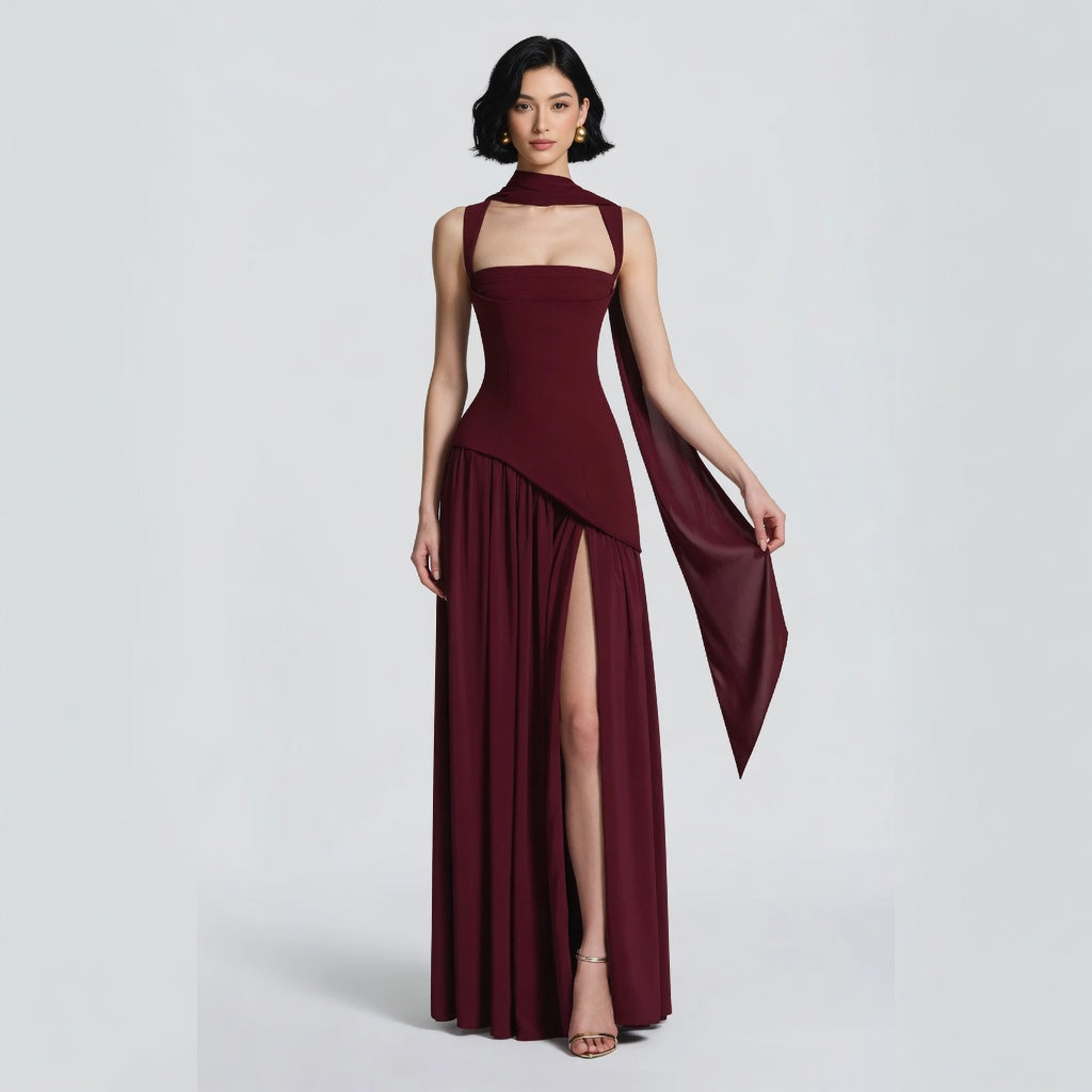 The Elara One-Shoulder Draped Corset Slit Maxi Dress