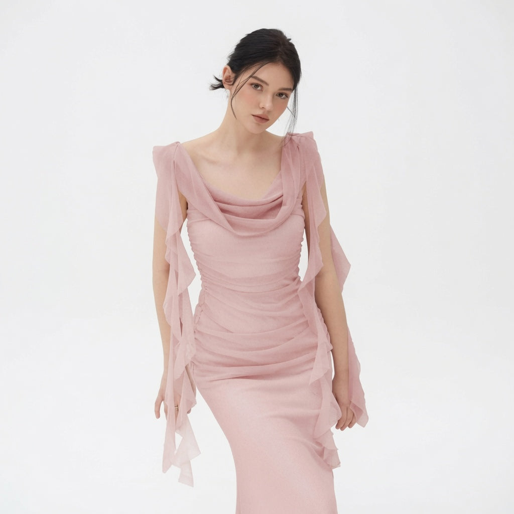 The Elara Cascading Ruffle Ruched Maxi