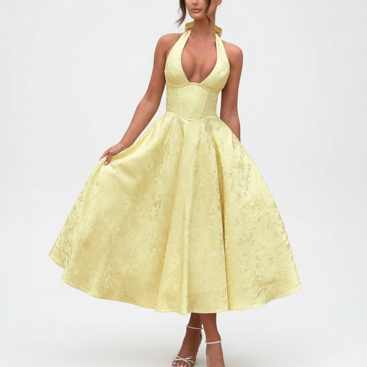The Elara Romantic Jacquard Halter Dress