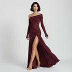 The Elara One-Shoulder Mesh Ruched Slit Maxi Dress