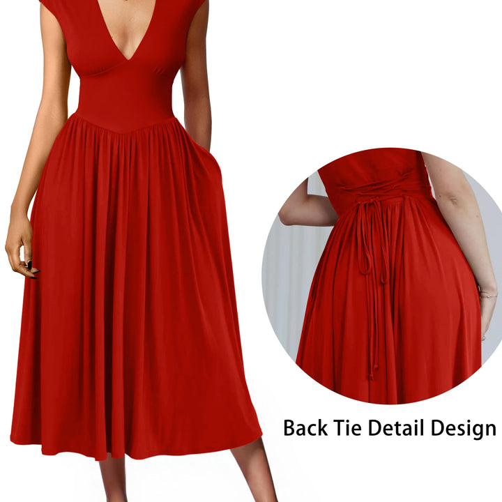 The Elara Padded-Shoulder Tie-Back Midi Dress
