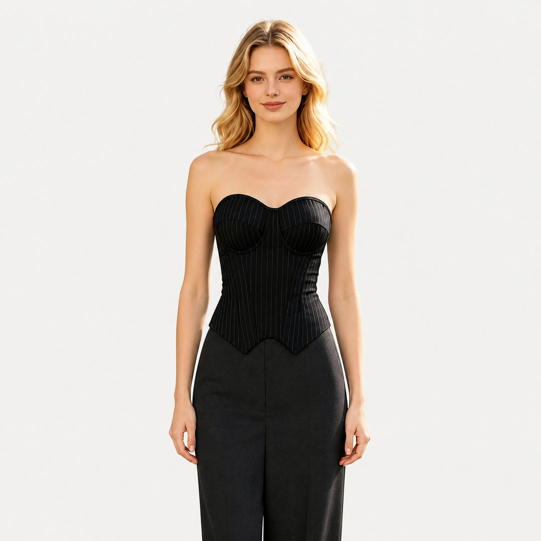 The Elara Underwire Pointed-Hem Corset Top in Black Pinstripe, model front view
