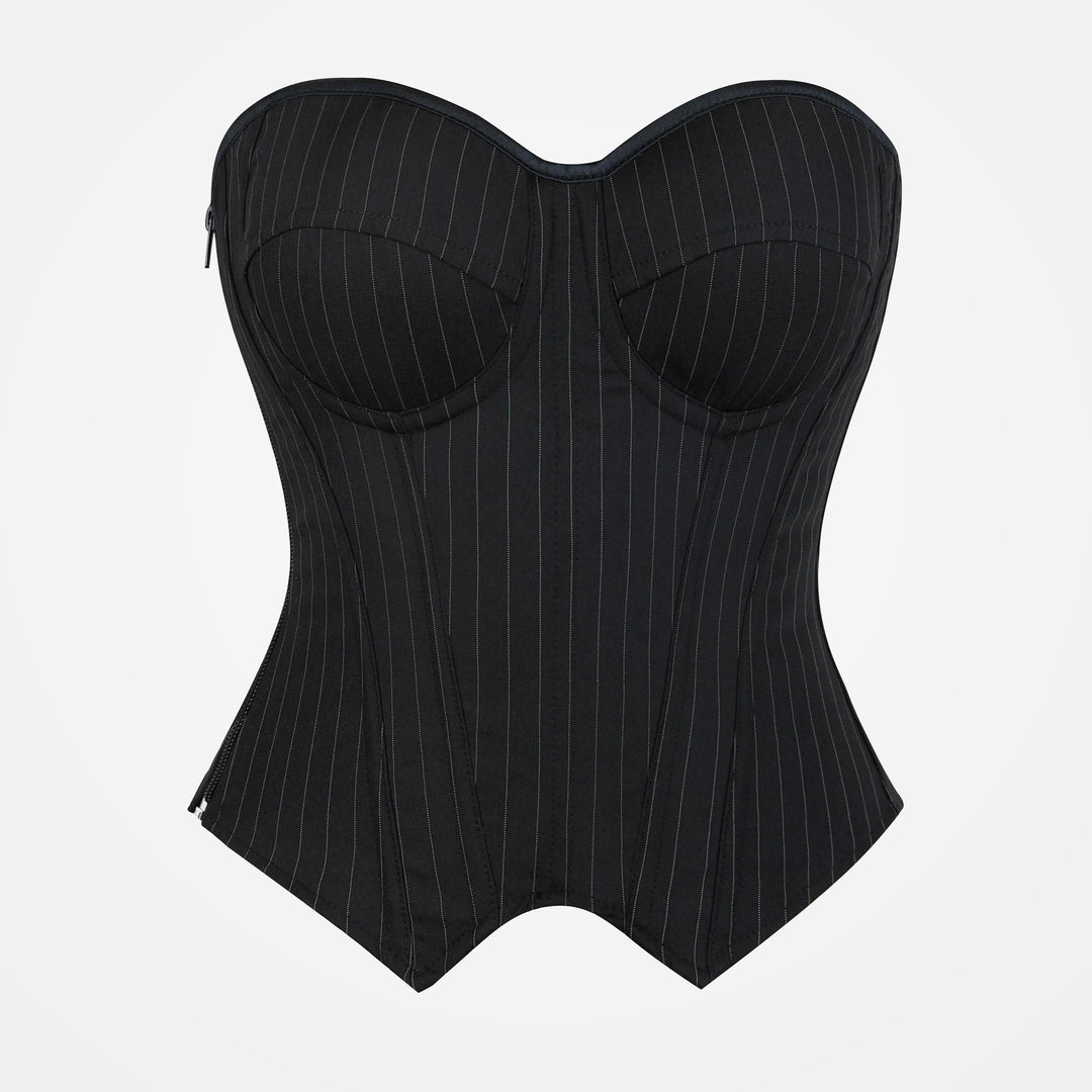Black Pinstripe underwire pointed-hem corset top, front view