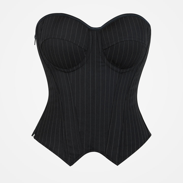 Black Pinstripe underwire pointed-hem corset top, front view