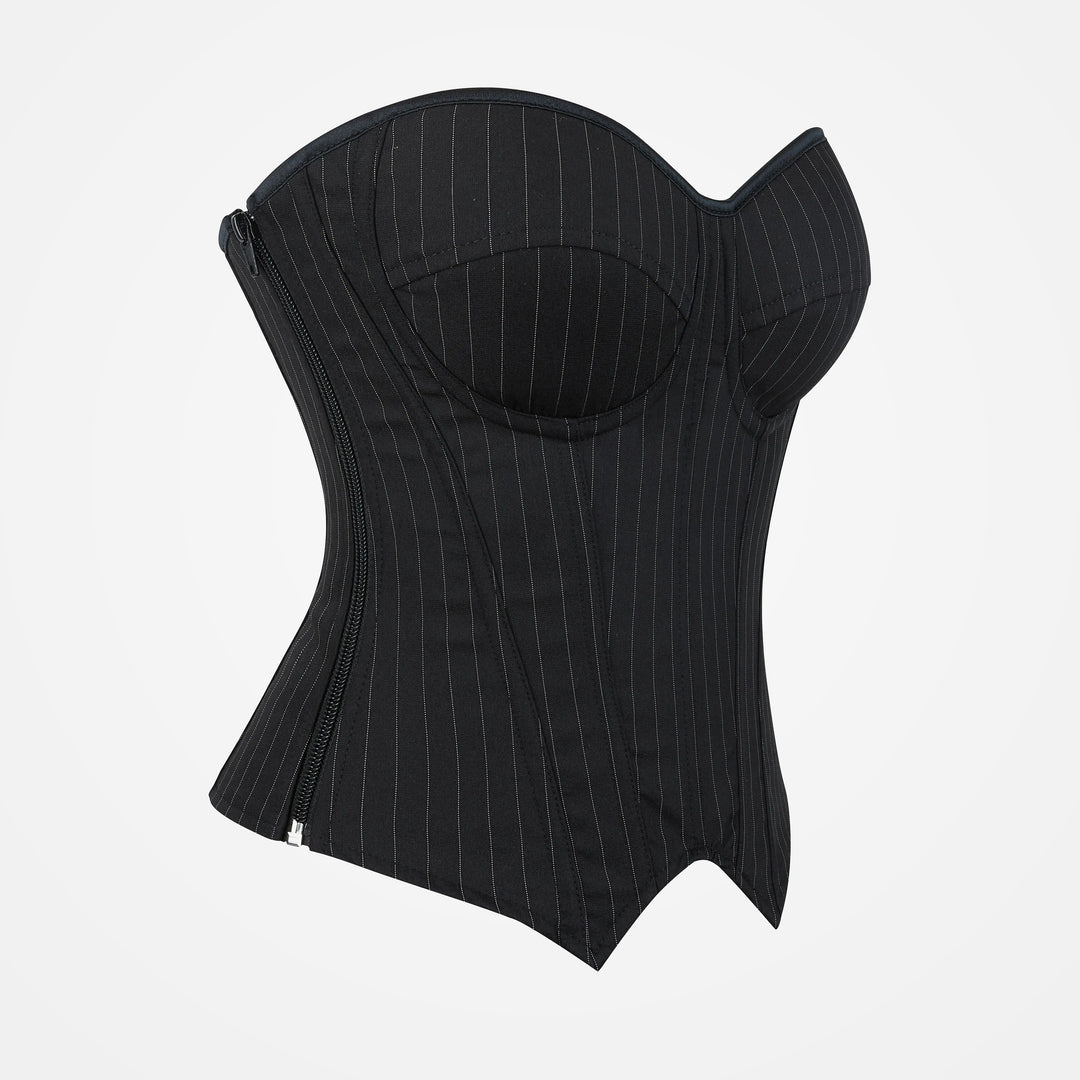 Black Pinstripe underwire pointed-hem corset top, side view