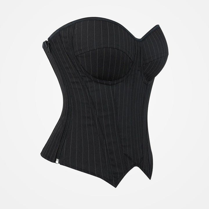 Black Pinstripe underwire pointed-hem corset top, side view