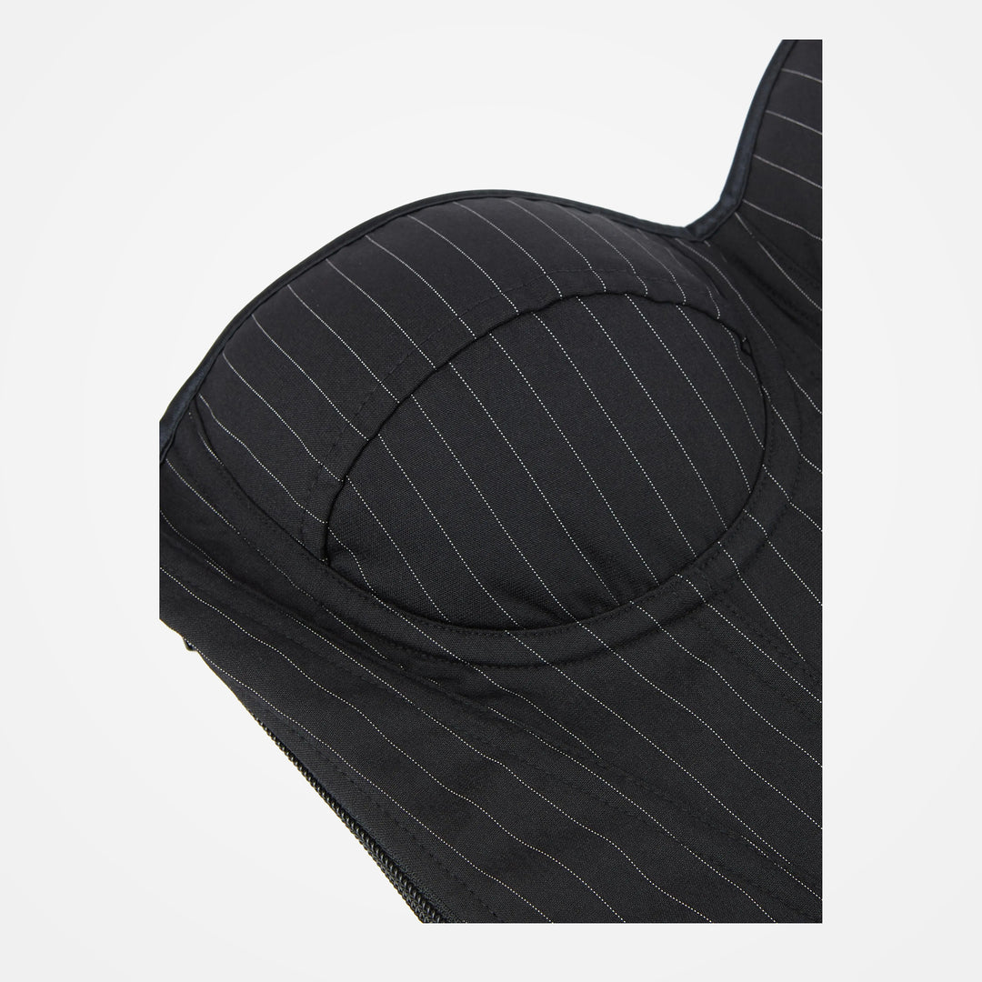 Black Pinstripe corset cup, seam and side-zip construction detail