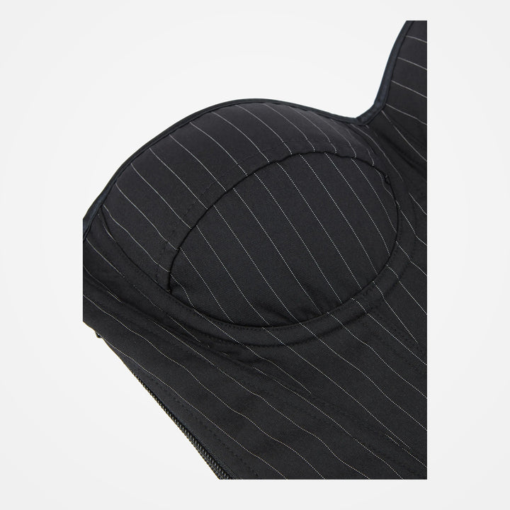 Black Pinstripe corset cup, seam and side-zip construction detail