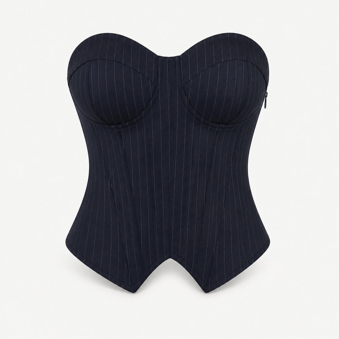 The Elara Underwire Pointed-Hem Corset Top in Navy Pinstripe, front view