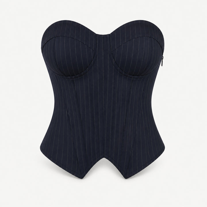 The Elara Underwire Pointed-Hem Corset Top in Navy Pinstripe, front view