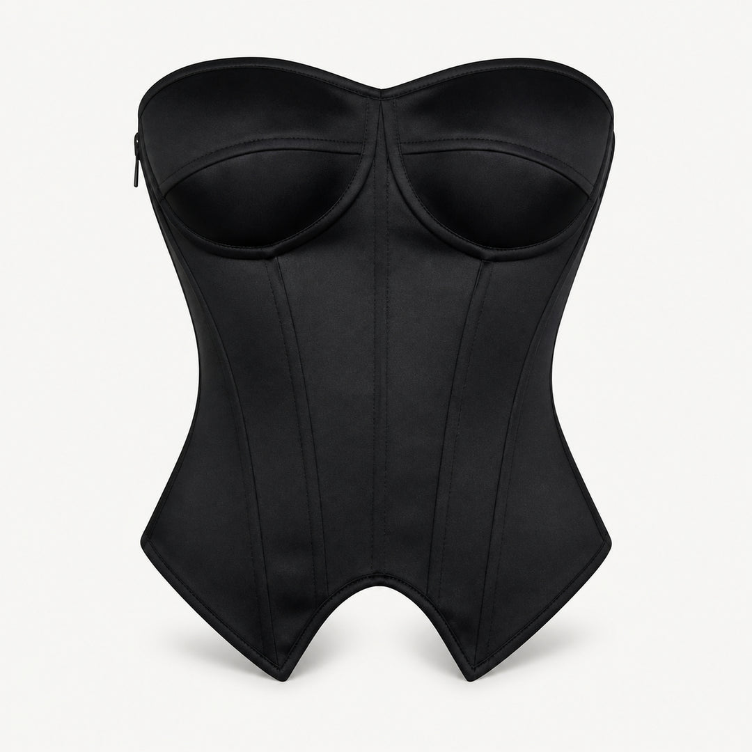 The Elara Underwire Pointed-Hem Corset Top in Black Satin, front view
