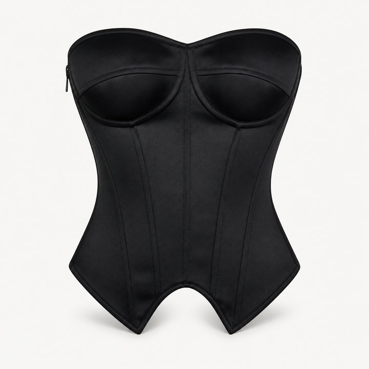 The Elara Underwire Pointed-Hem Corset Top in Black Satin, front view