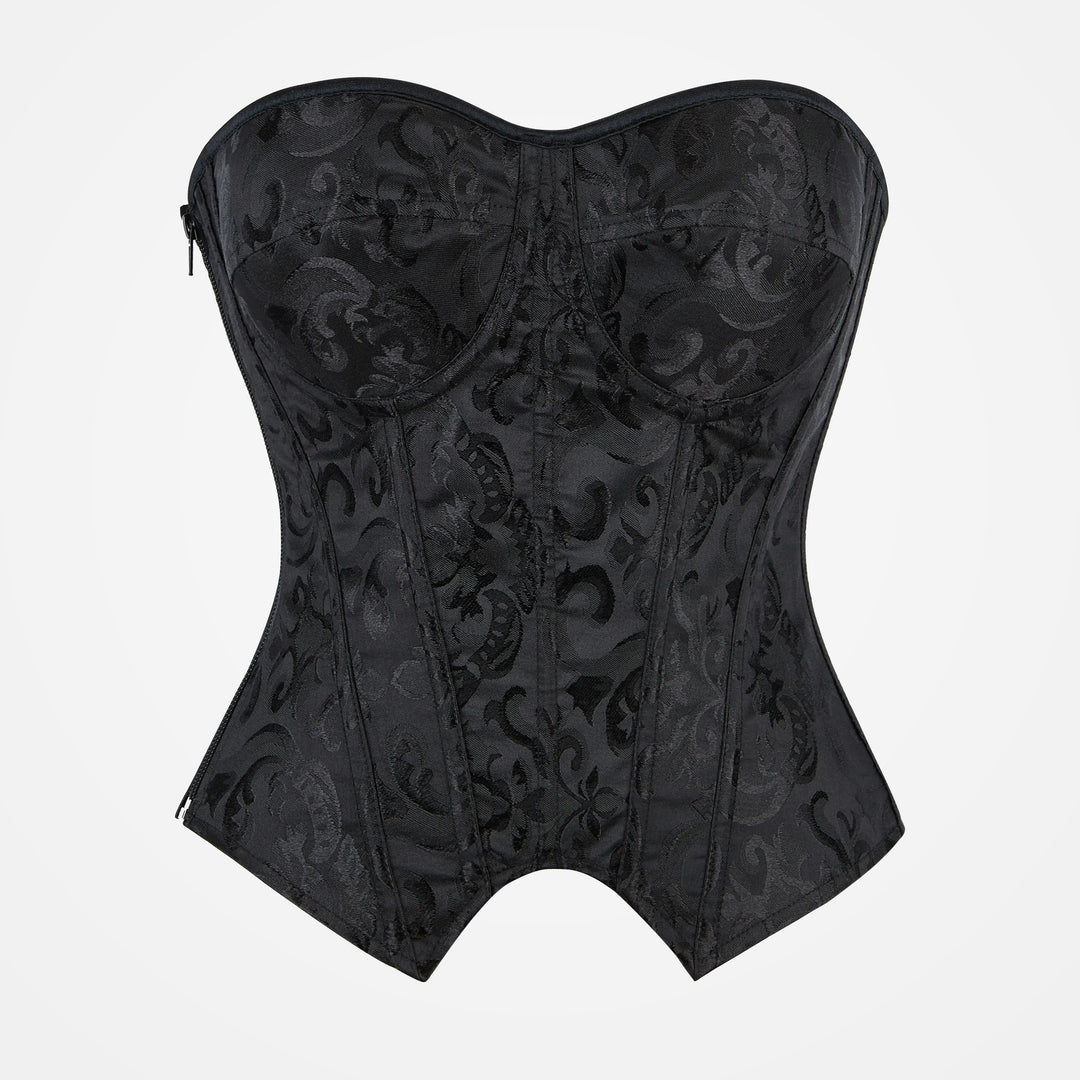 The Elara Underwire Pointed-Hem Corset Top in Black Jacquard, front view