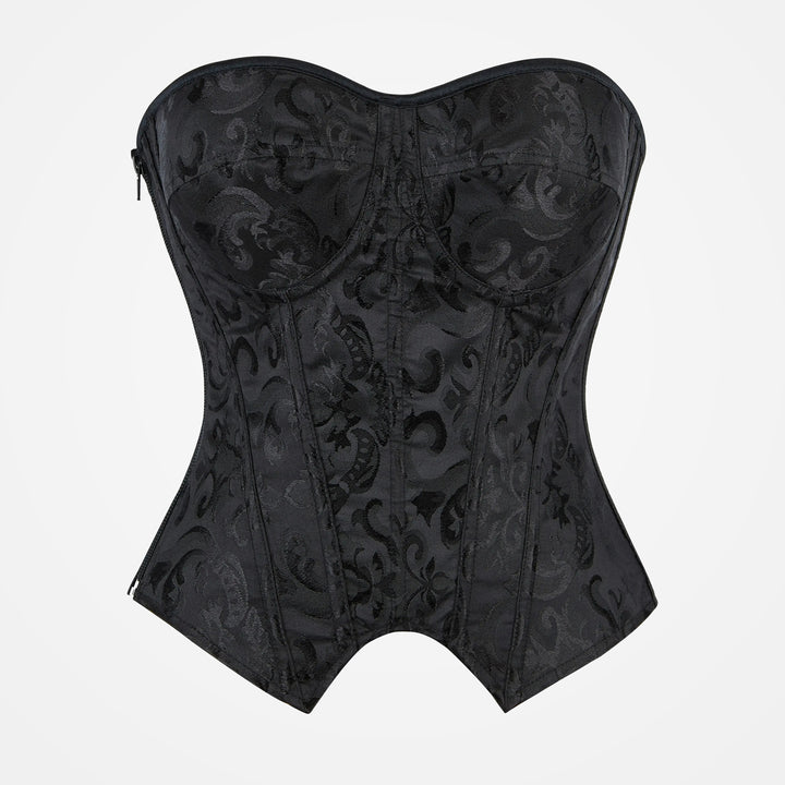 The Elara Underwire Pointed-Hem Corset Top in Black Jacquard, front view