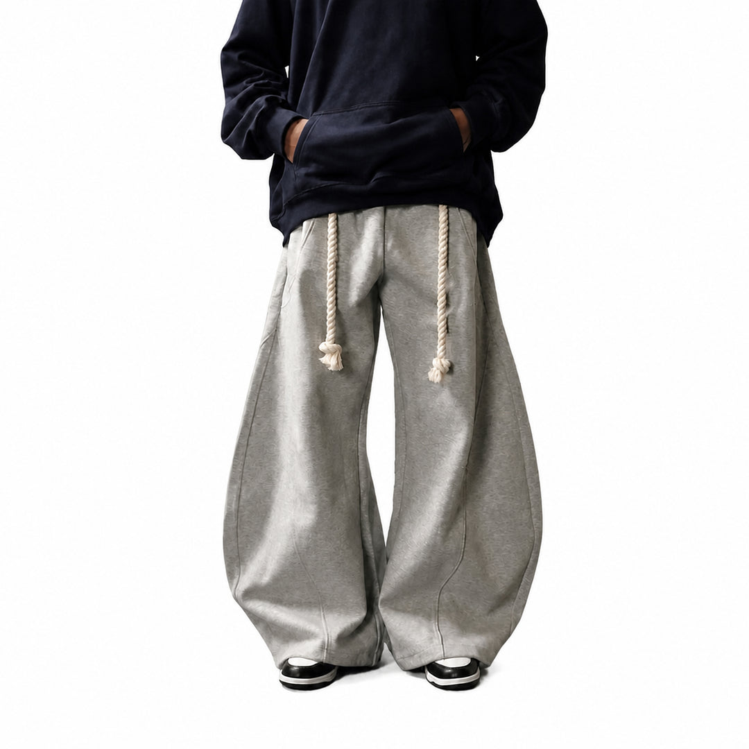 The Elara Rope-Belt Balloon-Leg Sweatpants in grey, refined 4K model view