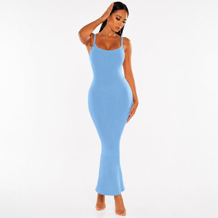 Blue ribbed bodycon maxi dress on female model, studio front view