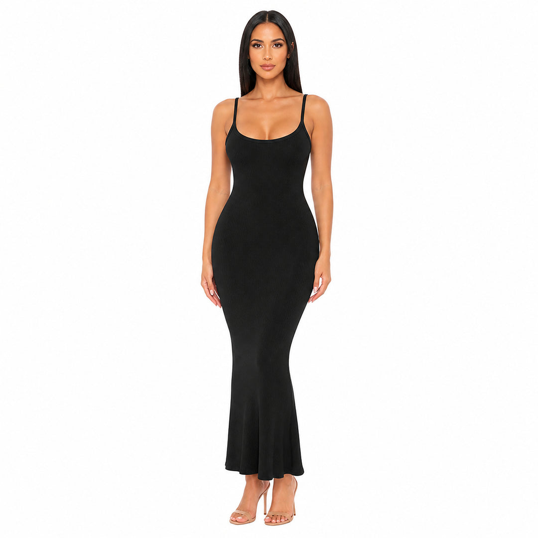 Black ribbed bodycon maxi dress on female model, studio front view