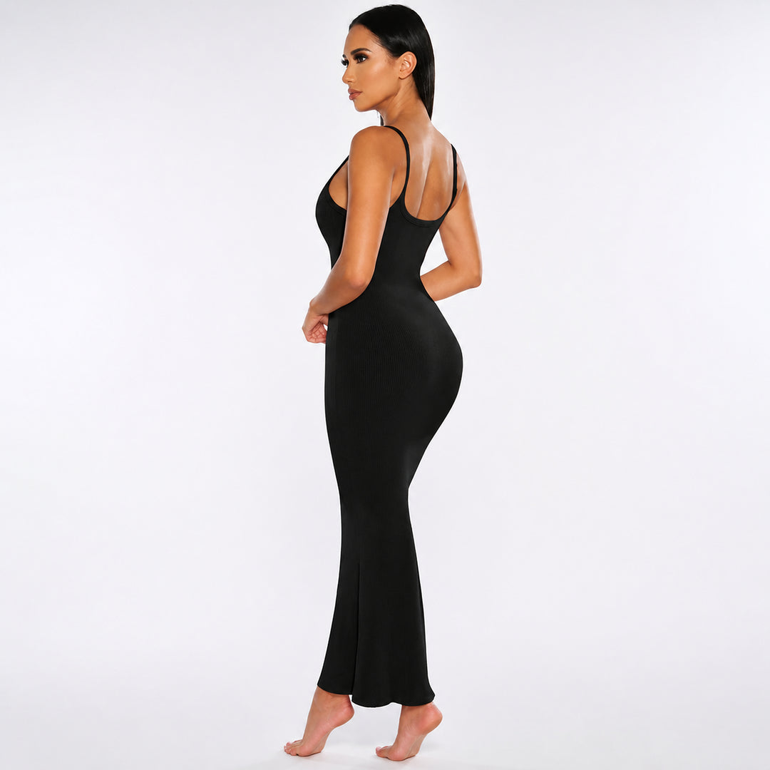 Black ribbed bodycon maxi dress on female model, studio back view